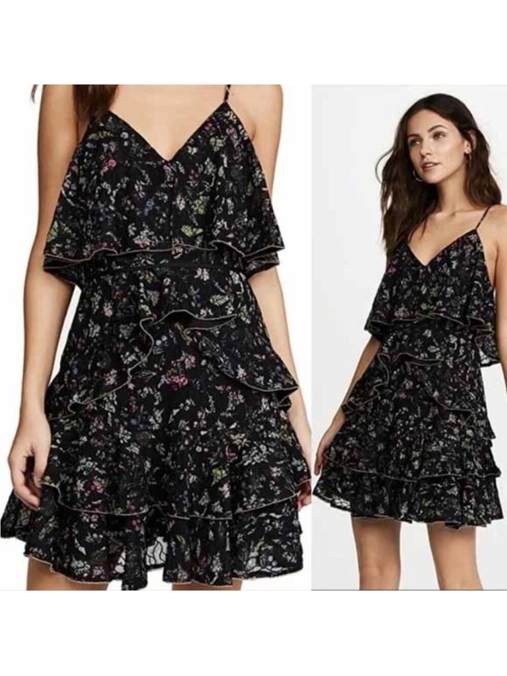 Black Floral Ruffle Tiered Mini Dress